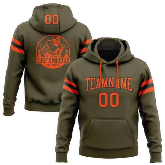 Custom Stitched Olive Orange-Black Football Pullover Sweatshirt Salute To Service Hoodie