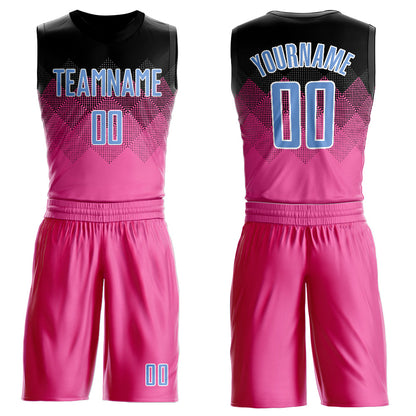 Custom Pink Light Blue Black-White Round Neck Sublimation Basketball Suit Jersey