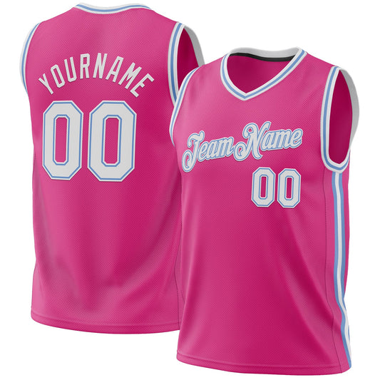 Custom Pink White-Light Blue Authentic Throwback Basketball Jersey