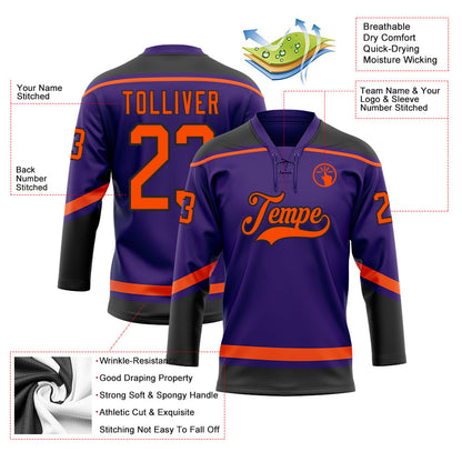 Custom Purple Orange-Black Hockey Lace Neck Jersey