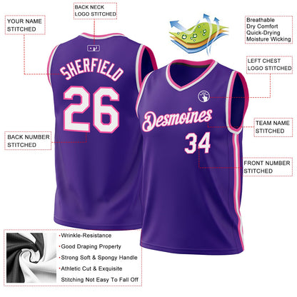 Custom Purple White-Pink Authentic Throwback Basketball Jersey