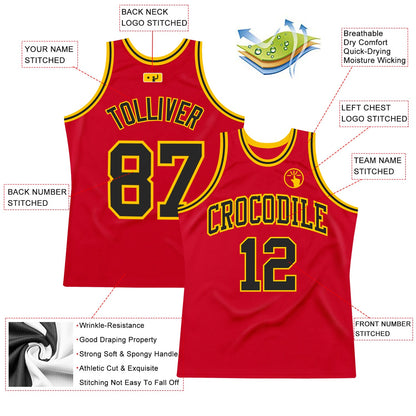 Custom Red Black-Gold Authentic Throwback Basketball Jersey