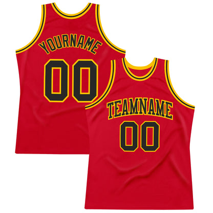 Custom Red Black-Gold Authentic Throwback Basketball Jersey