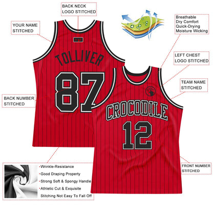 Custom Red Black Pinstripe Black-White Authentic Basketball Jersey