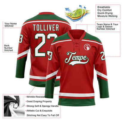 Custom Red White-Green Hockey Lace Neck Jersey