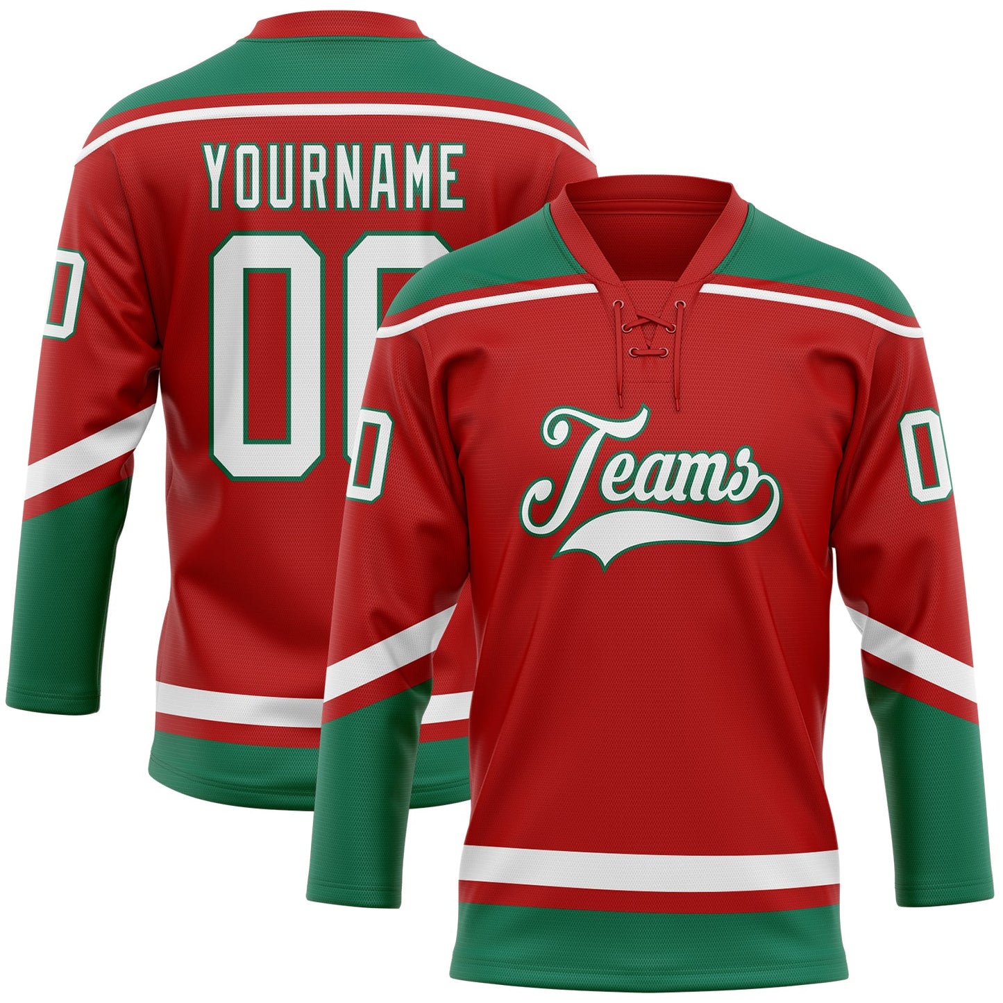 Custom Red White-Kelly Green Hockey Lace Neck Jersey