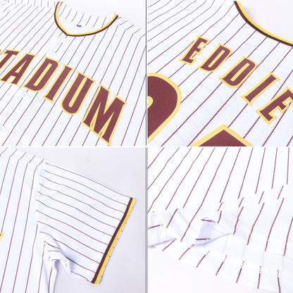 Custom White Brown Pinstripe Brown-Gold Softball Jersey