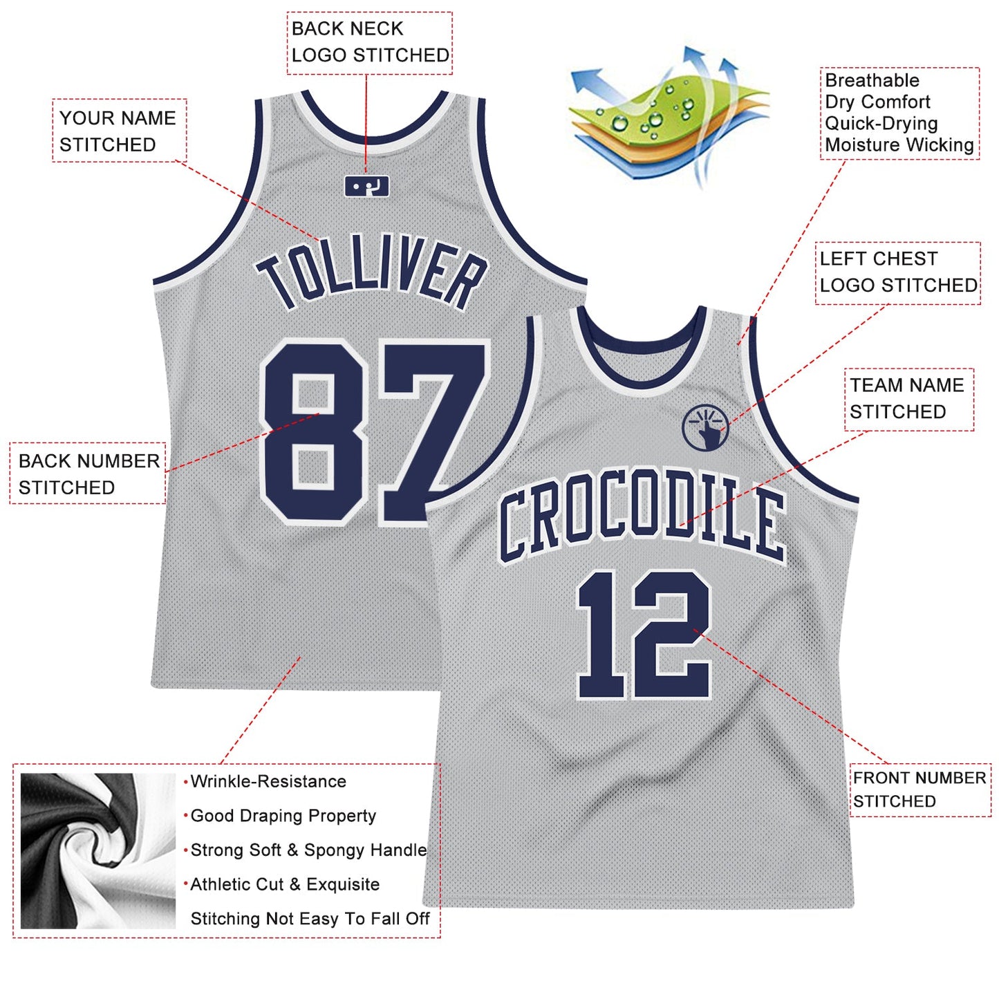 Custom Gray Navy-White Authentic Throwback Basketball Jersey