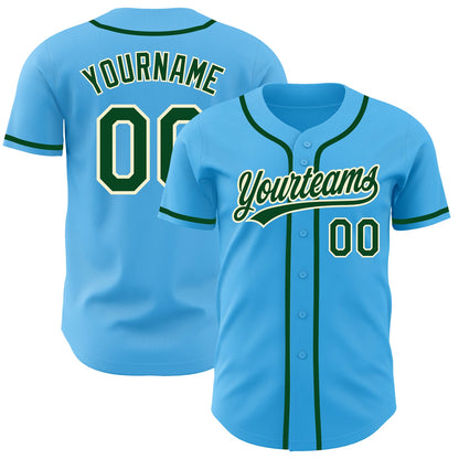 Custom Sky Blue Green-Cream Authentic Baseball Jersey