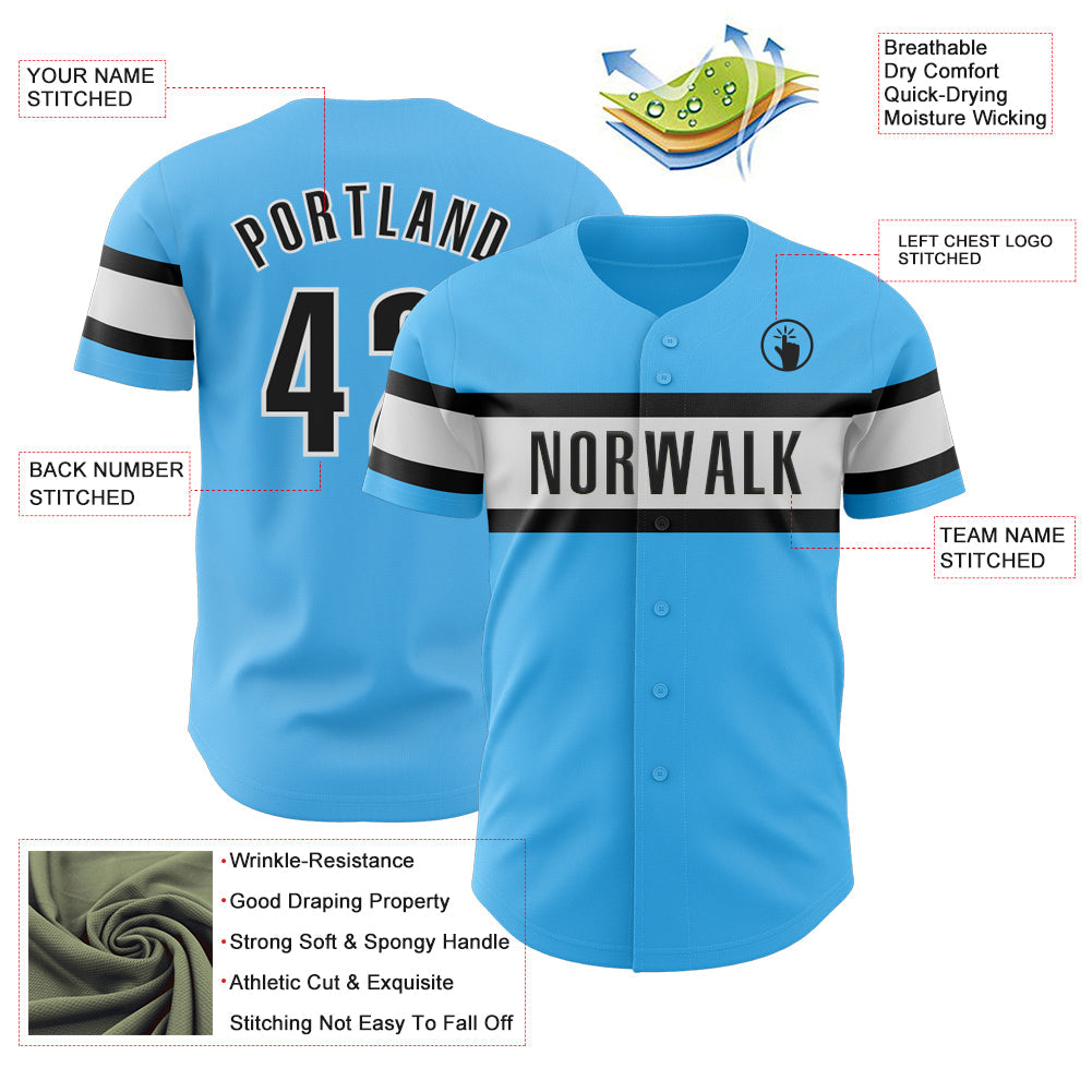 Custom Sky Blue Black-White Authentic Baseball Jersey