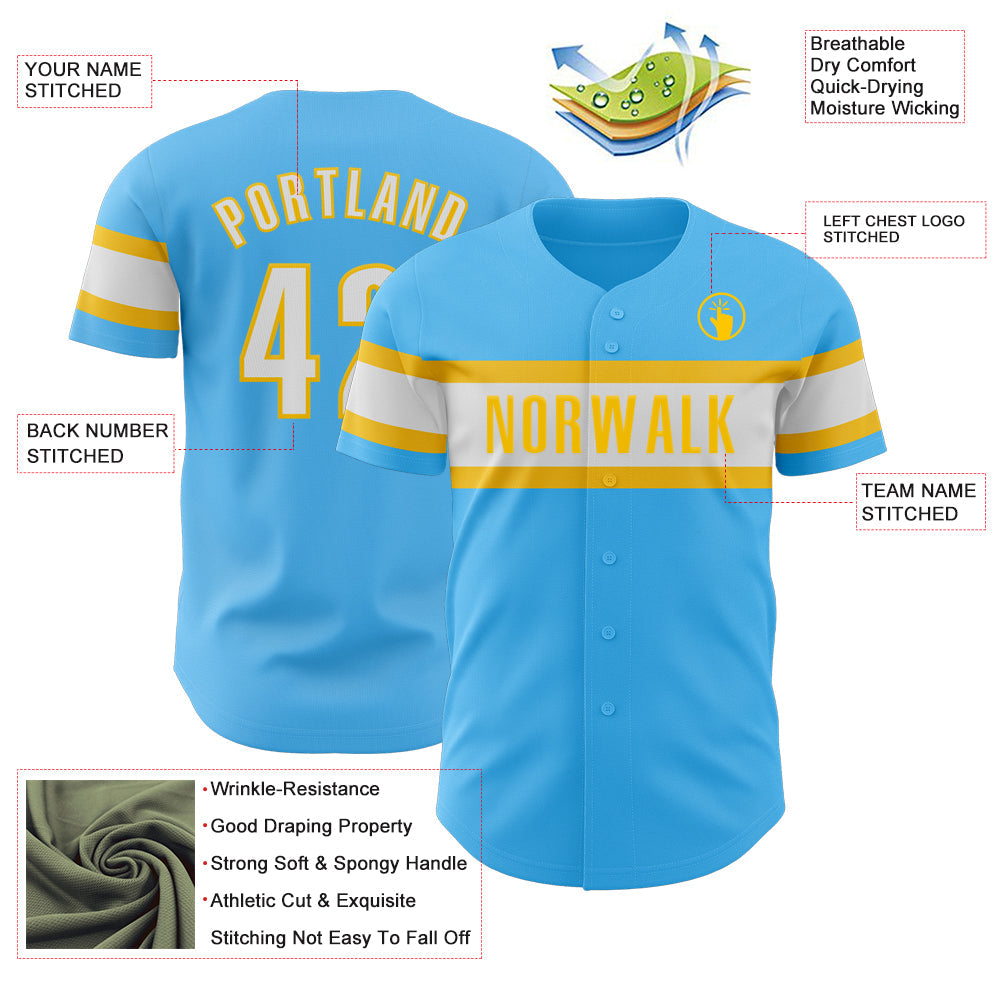 Custom Sky Blue White-Yellow Authentic Baseball Jersey