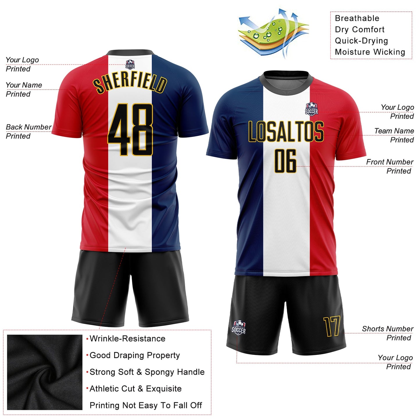 Custom Navy Black White Red-Gold Sublimation French Flag Soccer Uniform Jersey