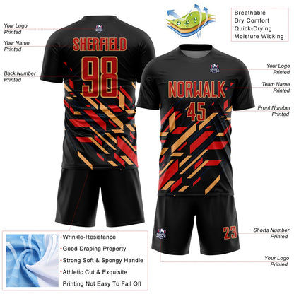 Custom Black Red-Old Gold Lines Sublimation Soccer Uniform Jersey