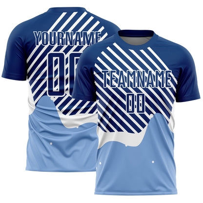 Custom Light Blue Royal-White Lines Sublimation Soccer Uniform Jersey