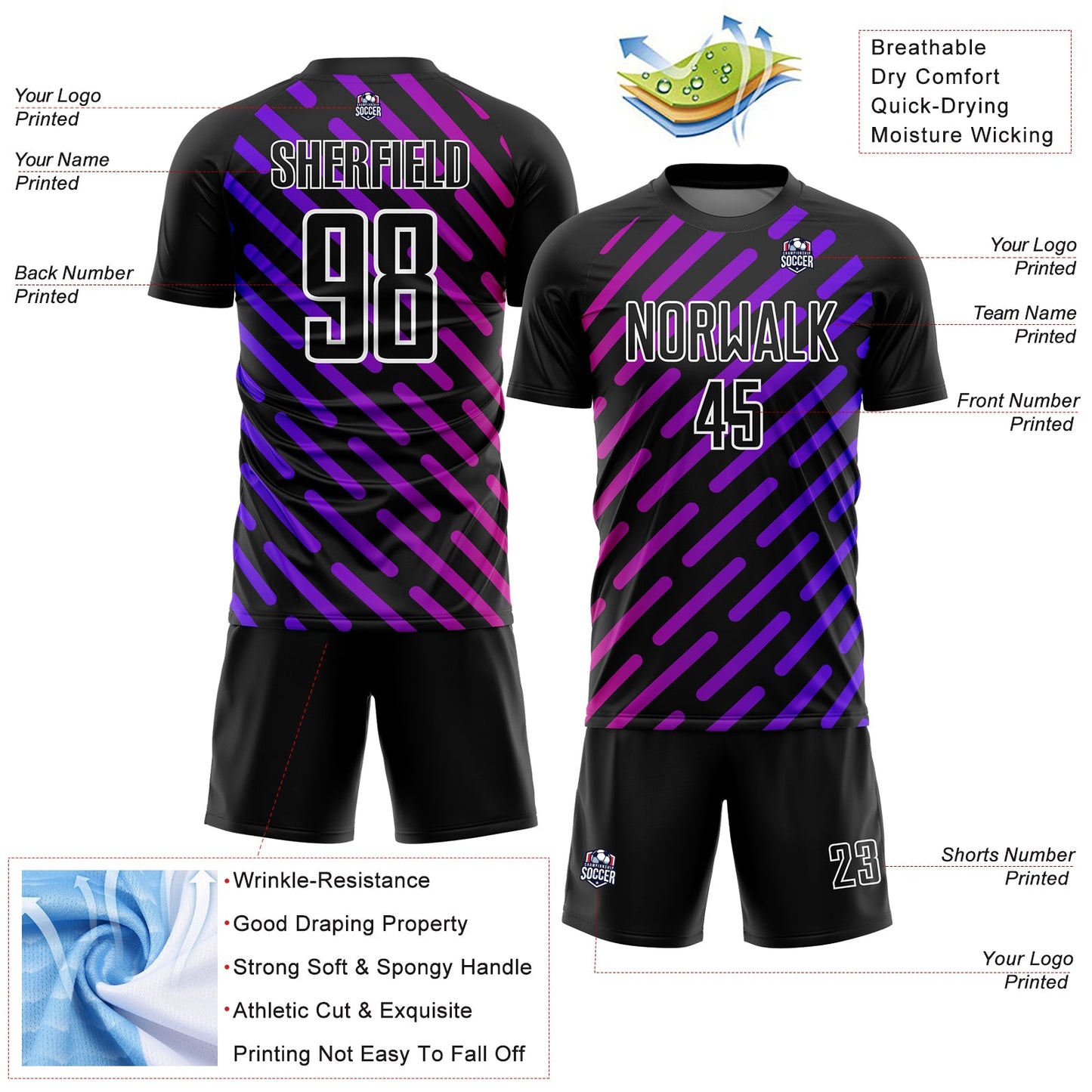 Custom Black Purple-Pink Lines Sublimation Soccer Uniform Jersey