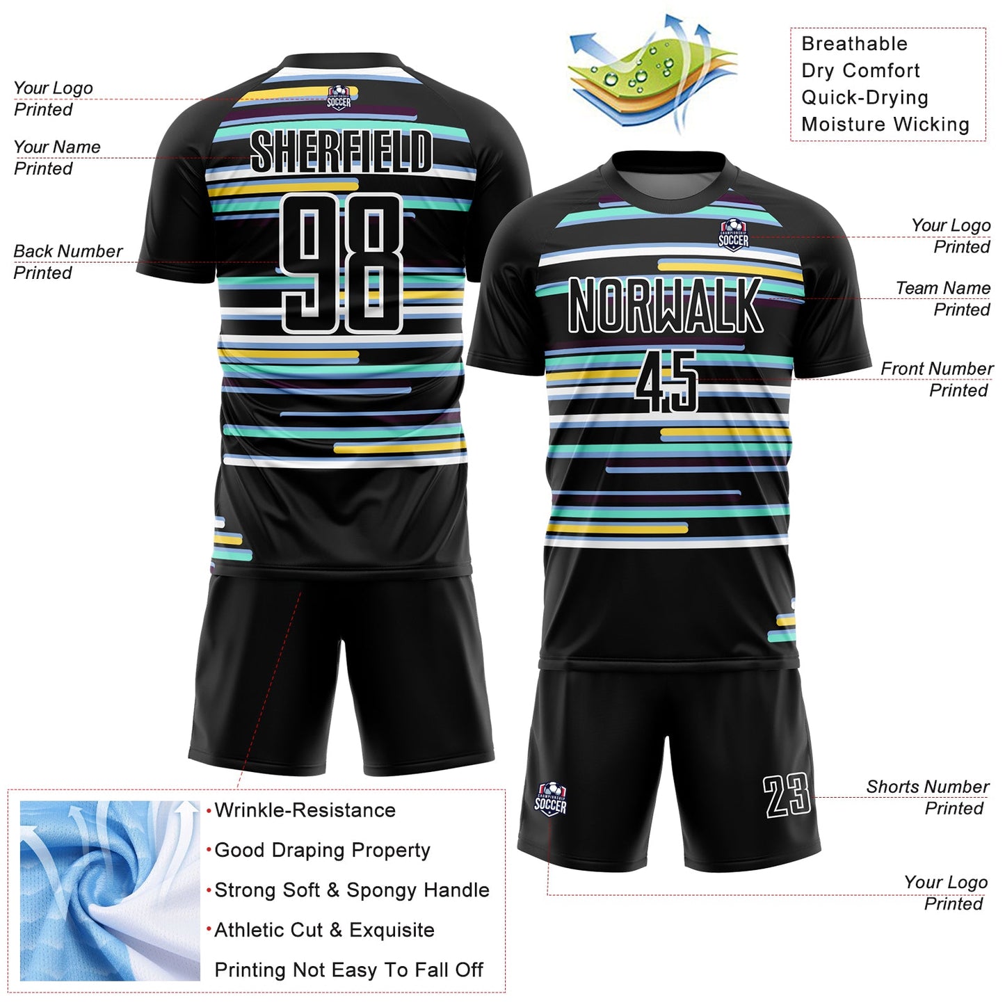 Custom Black White Lines Sublimation Soccer Uniform Jersey