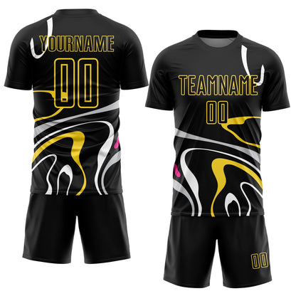 Custom Black Gold Fluid Shapes Sublimation Soccer Uniform Jersey