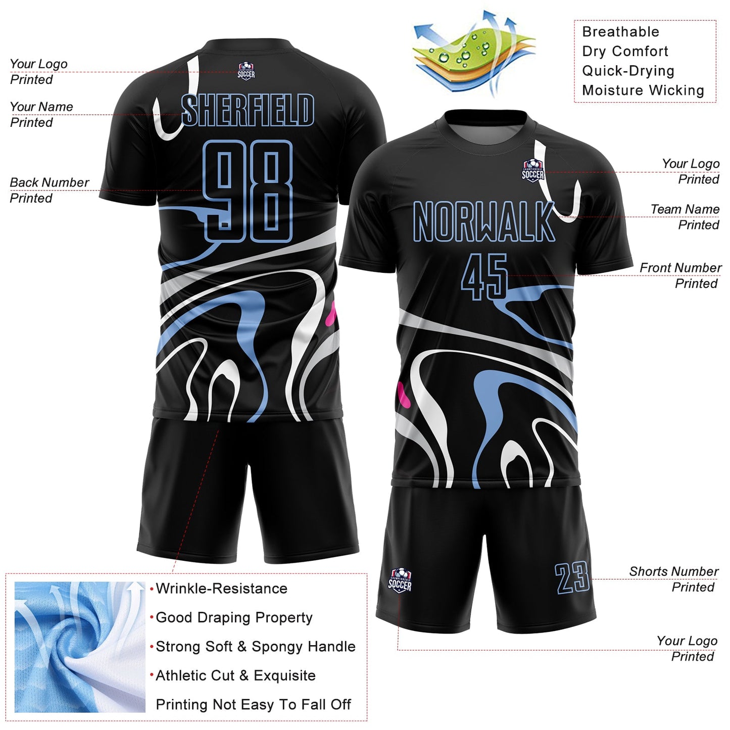 Custom Black Light Blue Fluid Shapes Sublimation Soccer Uniform Jersey