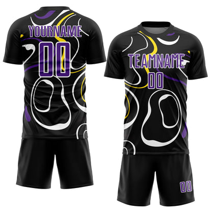 Custom Black Purple-White Fluid Shapes Sublimation Soccer Uniform Jersey