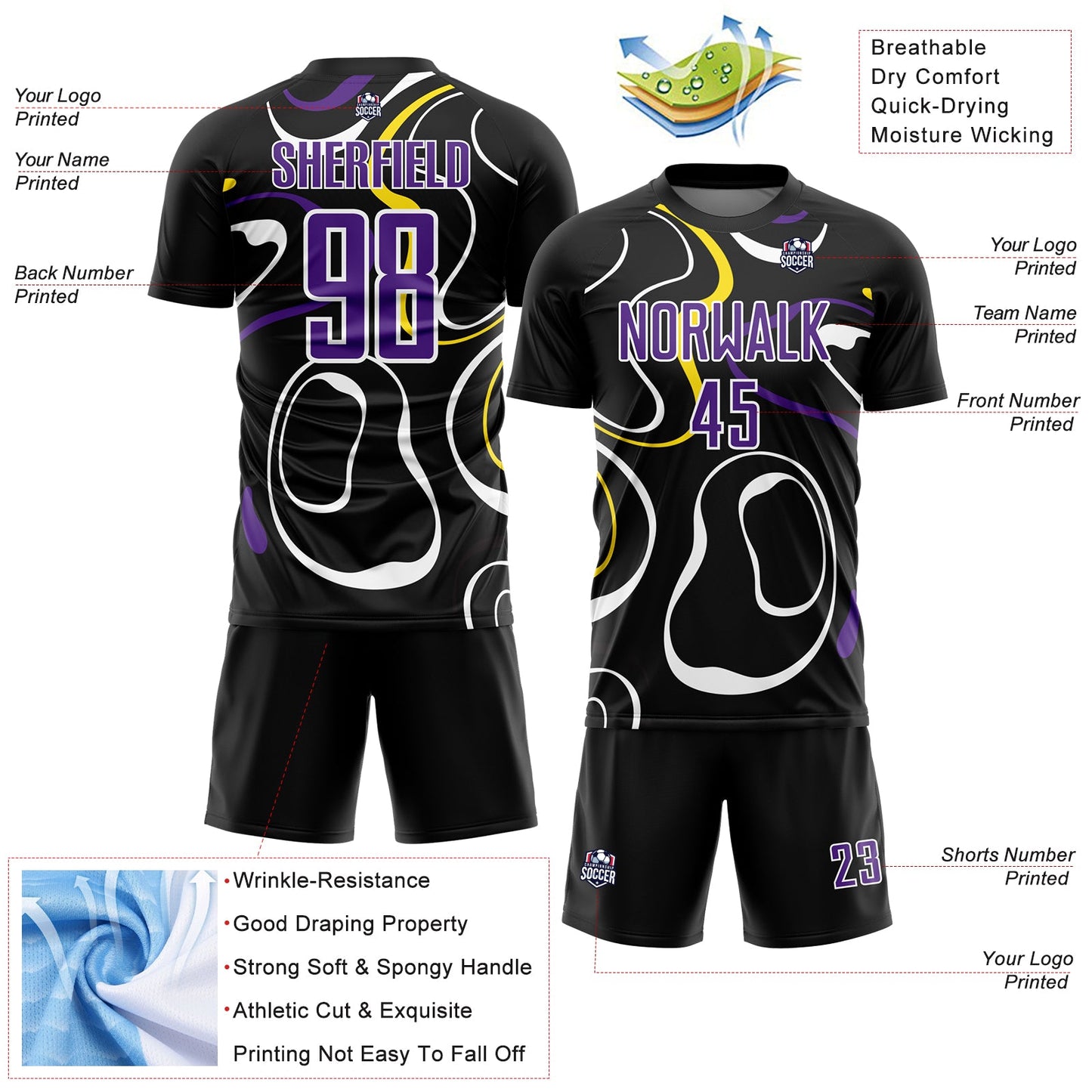 Custom Black Purple-White Fluid Shapes Sublimation Soccer Uniform Jersey