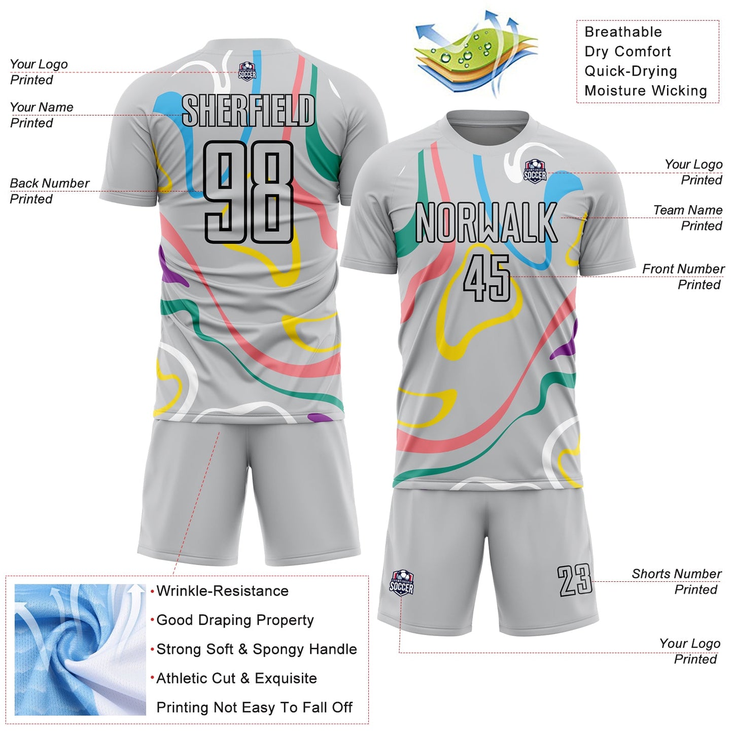 Custom Gray Black Fluid Shapes Sublimation Soccer Uniform Jersey