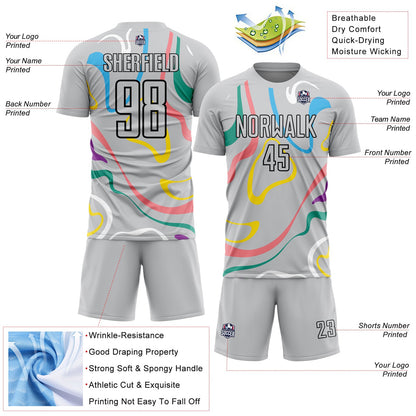 Custom Gray Black Fluid Shapes Sublimation Soccer Uniform Jersey