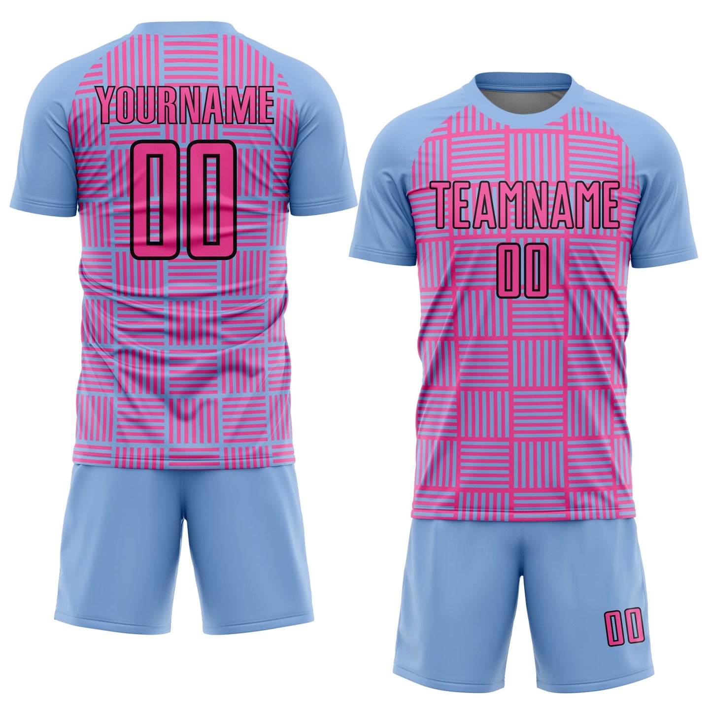 Custom Light Blue Pink-Black Lines Sublimation Soccer Uniform Jersey