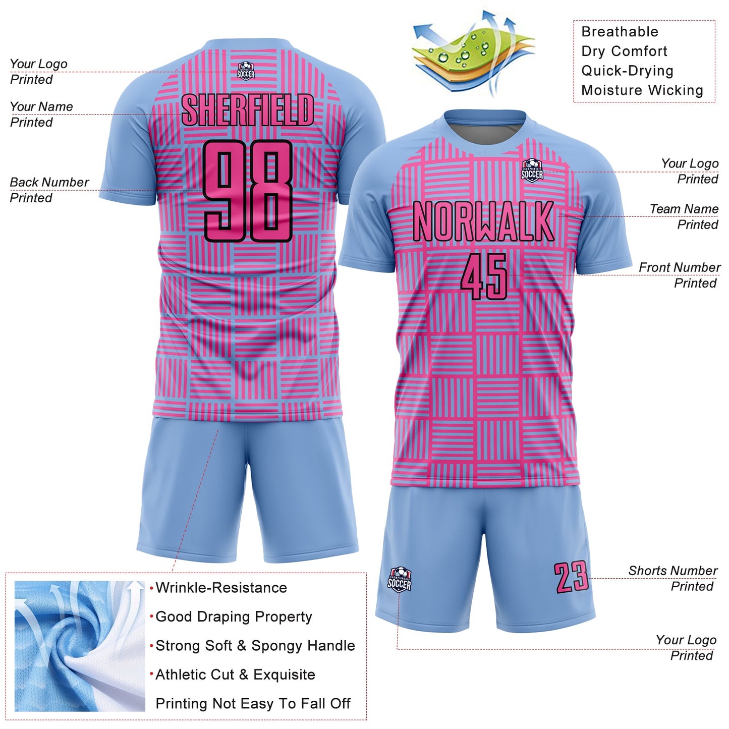 Custom Light Blue Pink-Black Lines Sublimation Soccer Uniform Jersey