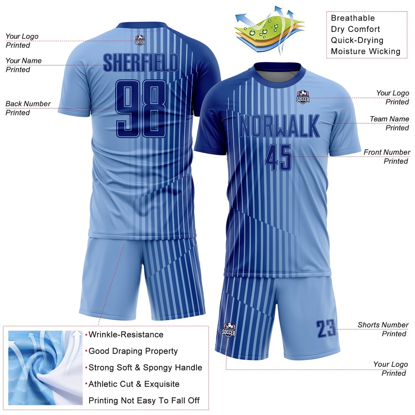 Custom Light Blue Royal Lines Sublimation Soccer Uniform Jersey