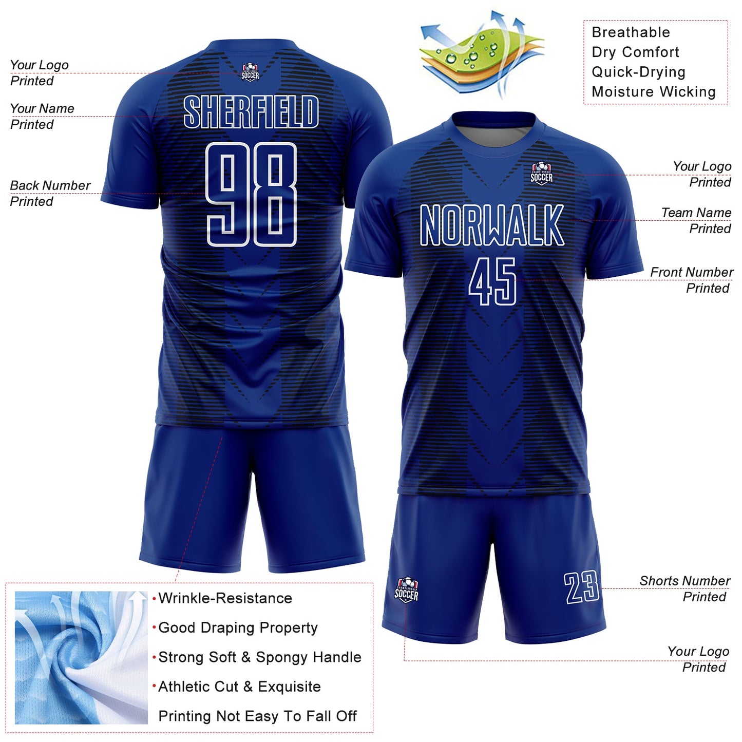 Custom US Navy Blue Black-White Lines Sublimation Soccer Uniform Jersey