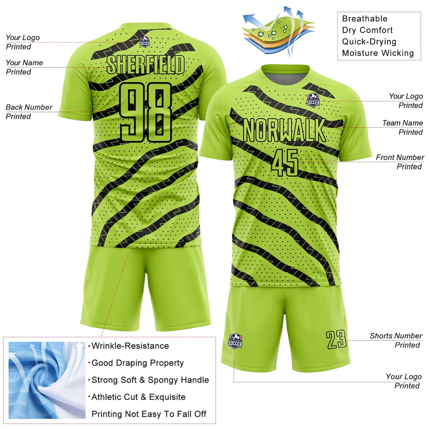 Custom Neon Green Black Lines And Dots Sublimation Soccer Uniform Jersey