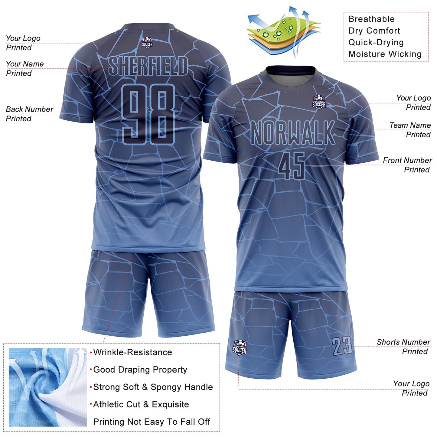 Custom Light Blue Gray Lines Sublimation Soccer Uniform Jersey