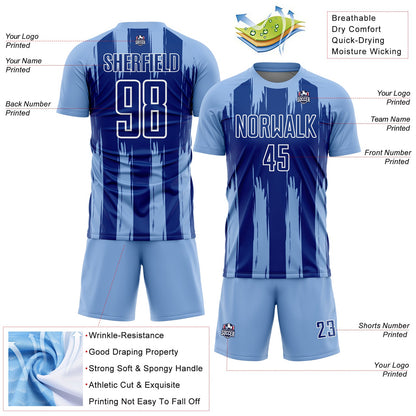 Custom Light Blue Royal-White Abstract Stripes Sublimation Soccer Uniform Jersey