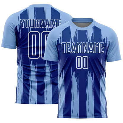 Custom Light Blue Royal-White Abstract Stripes Sublimation Soccer Uniform Jersey