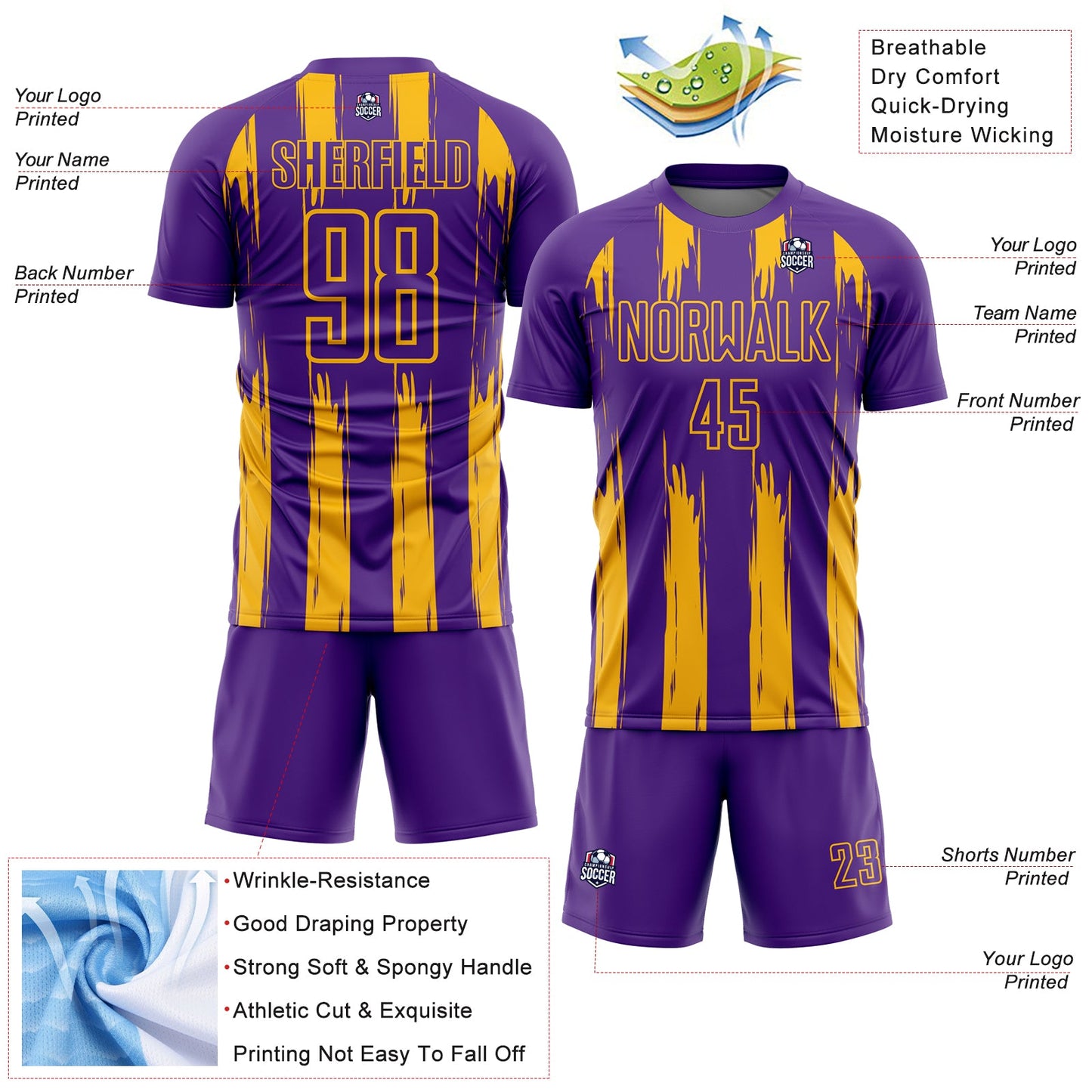 Custom Purple Gold Abstract Stripes Sublimation Soccer Uniform Jersey