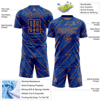 Custom Royal Bay Orange Lightning Sublimation Soccer Uniform Jersey