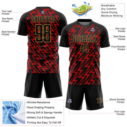 Custom Black Red-Old Gold Lightning Sublimation Soccer Uniform Jersey