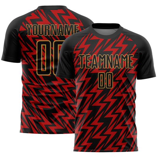 Custom Black Red-Old Gold Lightning Sublimation Soccer Uniform Jersey