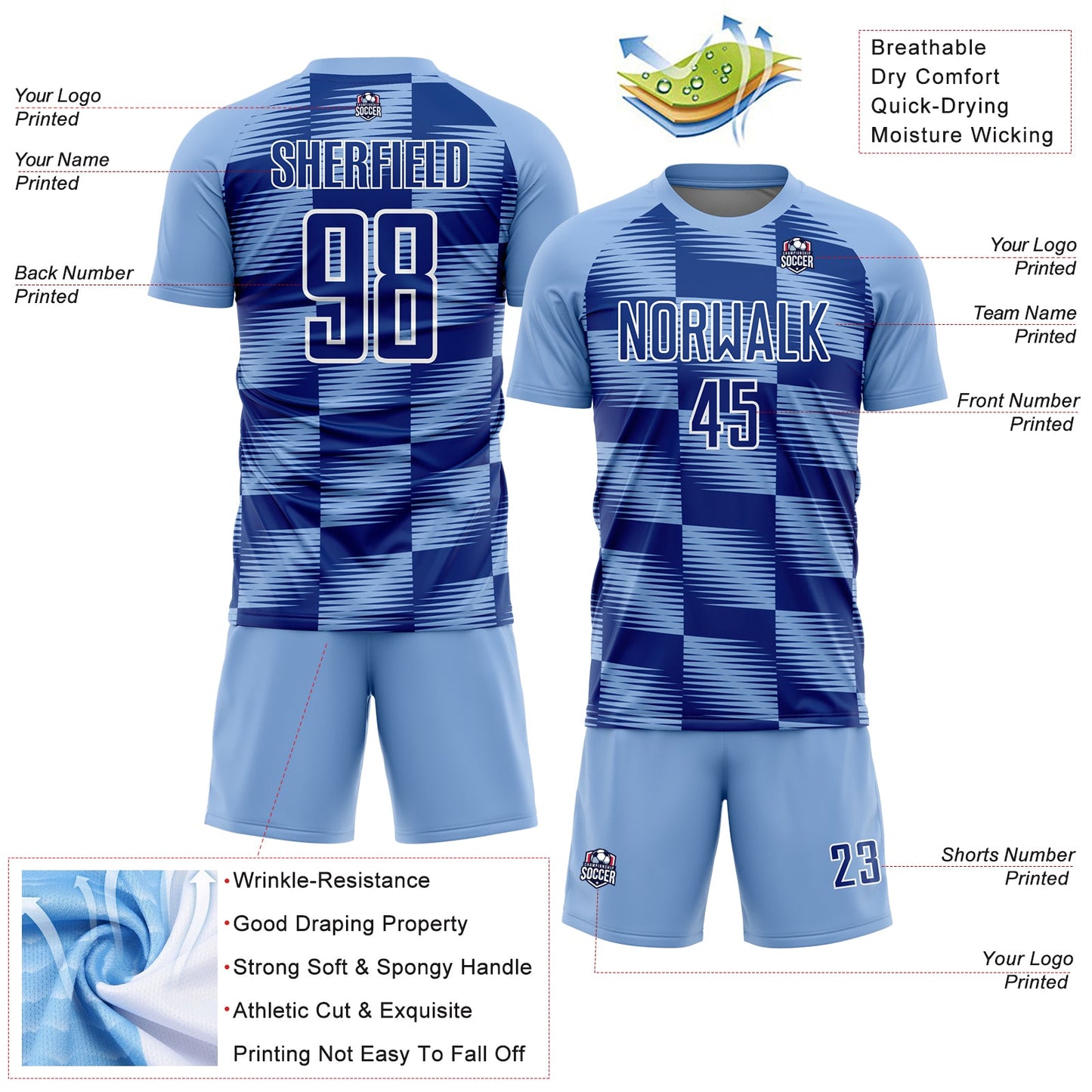 Custom Light Blue Royal-White Lines Sublimation Soccer Uniform Jersey