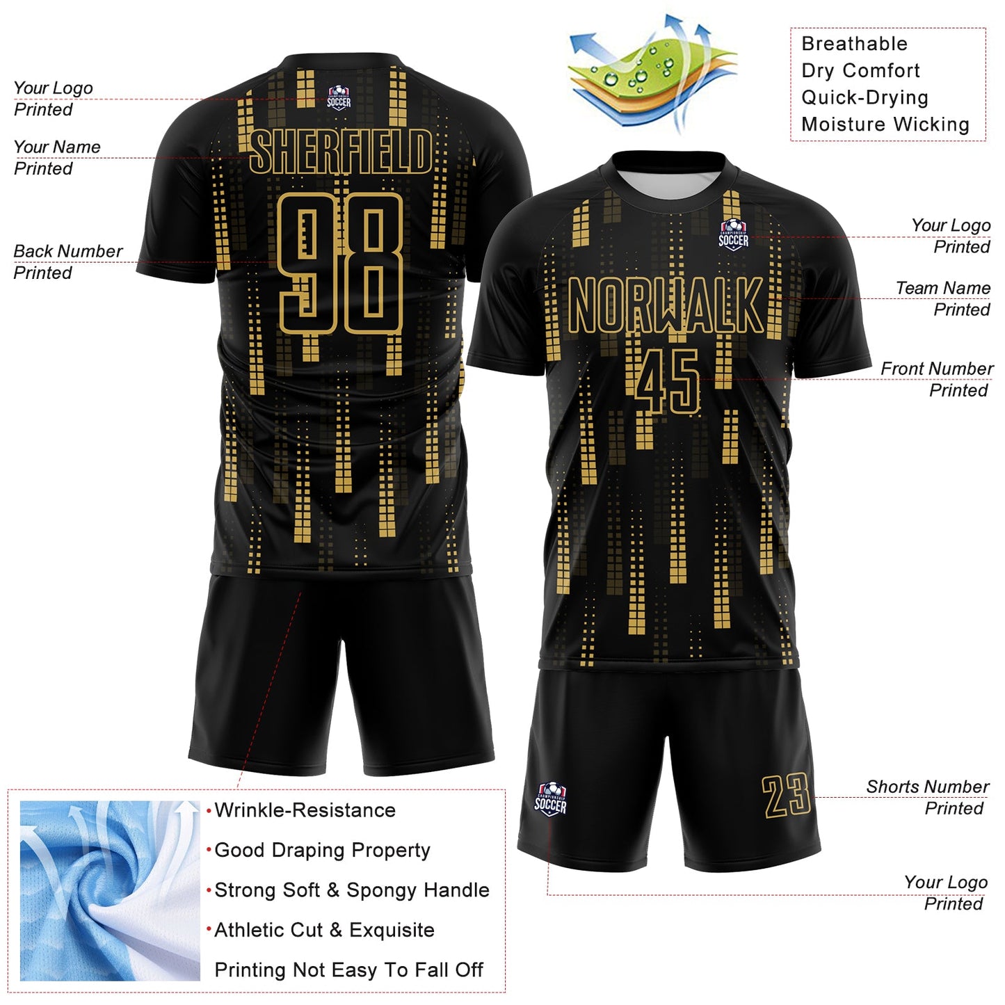 Custom Black Old Gold Geometric Shapes Sublimation Soccer Uniform Jersey