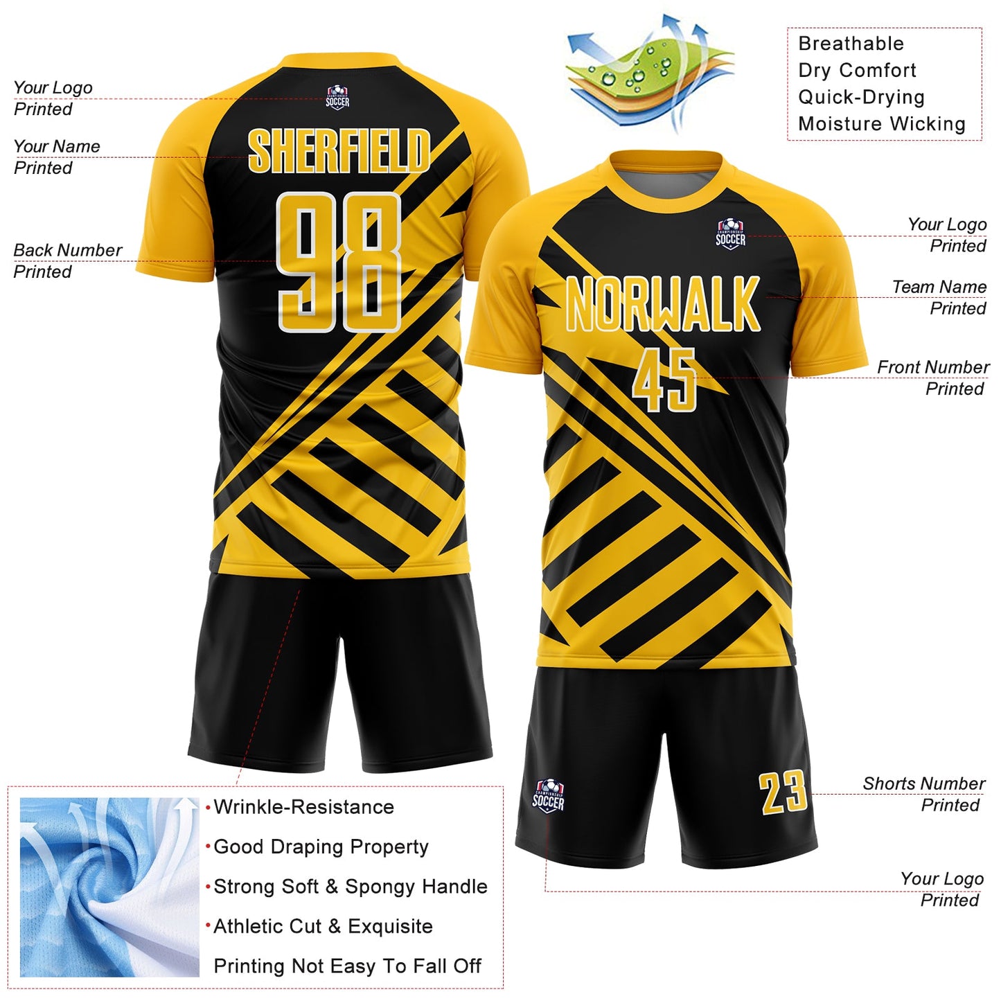 Custom Black Gold-White Lines Sublimation Soccer Uniform Jersey