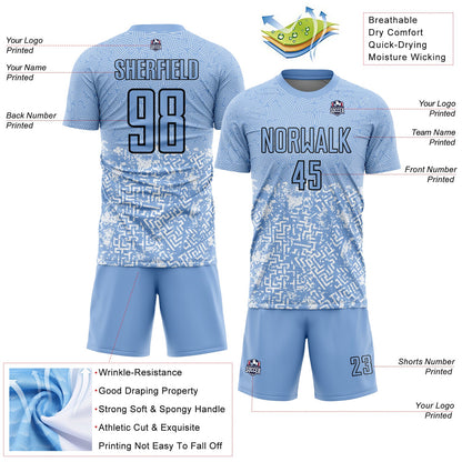 Custom Light Blue Black Geometric Shapes Sublimation Soccer Uniform Jersey