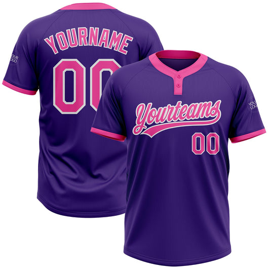 Custom Purple Pink-White Two-Button Unisex Softball Jersey