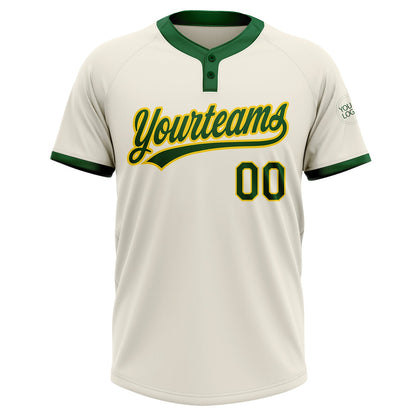 Custom Cream Green-Gold Two-Button Unisex Softball Jersey