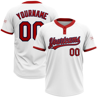 Custom White Red-Navy Two-Button Unisex Softball Jersey