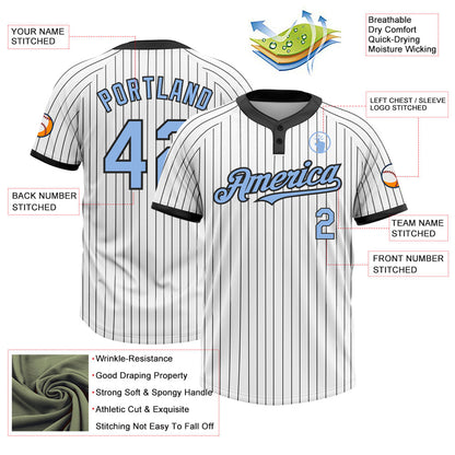 Custom White Black Pinstripe Light Blue Two-Button Unisex Softball Jersey