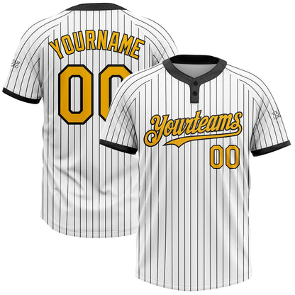 Custom White Black Pinstripe Gold-Black Two-Button Unisex Softball Jersey