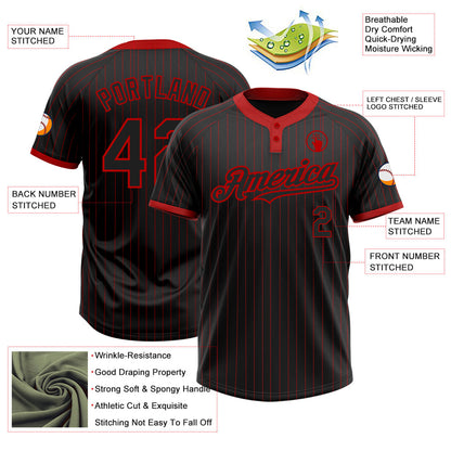 Custom Black Red Pinstripe Red Two-Button Unisex Softball Jersey