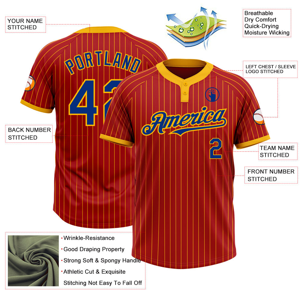 Custom Red Gold Pinstripe Royal Two-Button Unisex Softball Jersey