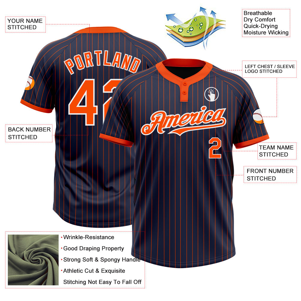 Custom Navy Orange Pinstripe White Two-Button Unisex Softball Jersey